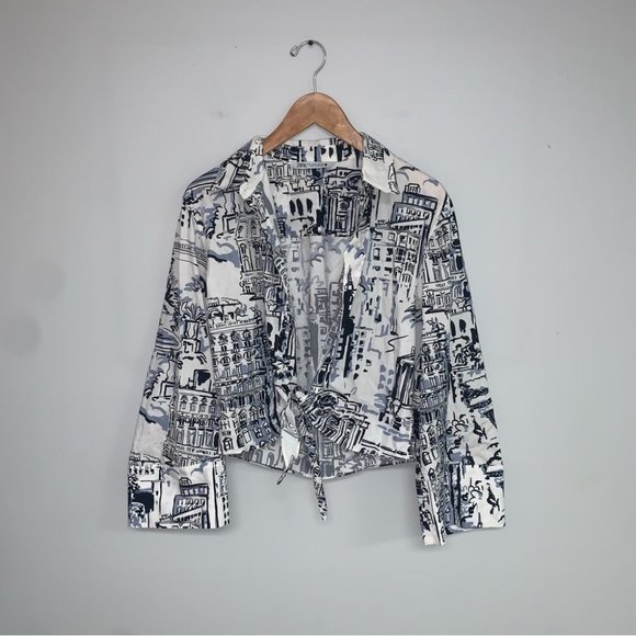 Zara Tied Button-down Shirt Size Small White Black Printed Top Flared Cuffs - Picture 2 of 11